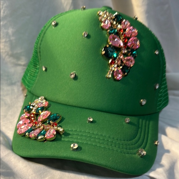 Embellished Green custom Trucker hat with Pink and Green Gems main image 4